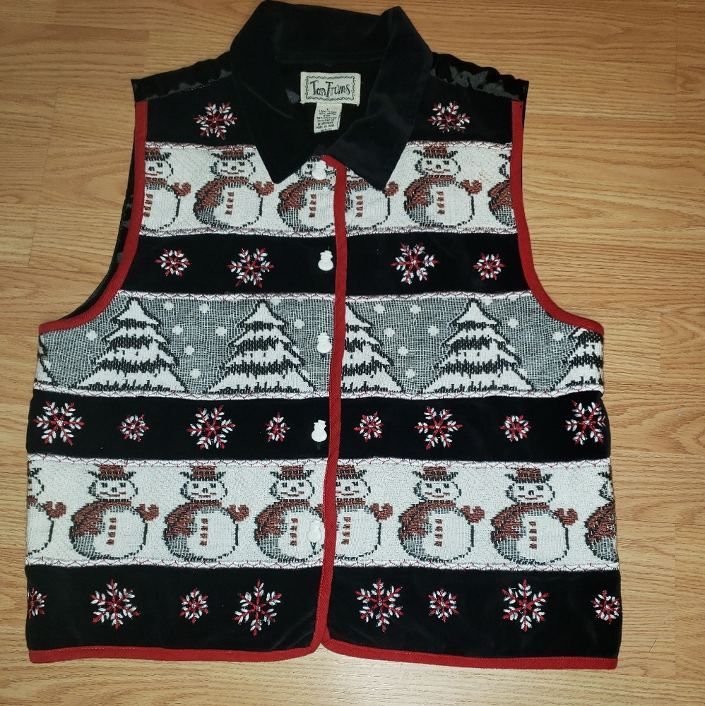 Vintage Christmas Vest Large Black Snowmen Trees Tacky Party Holiday Work Casual